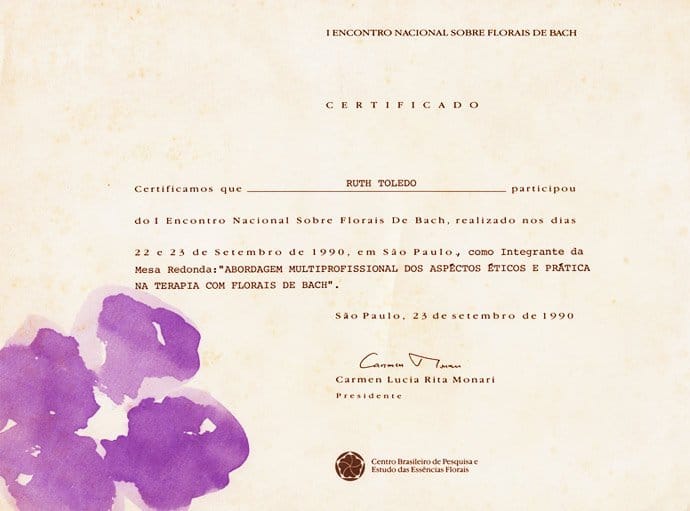 Certificado de Participação no I Encontro de Florais de Bach em 1990